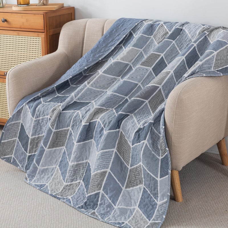 SLPR Heather 50" x 60" Quilted Throw Blanket: Lightweight Chevron Quilt, Cream and Blue Lap Comforter, Zig Zag Farmhouse Coverlet, Summer Quilted Blanket for Couch and Bed - Image 5